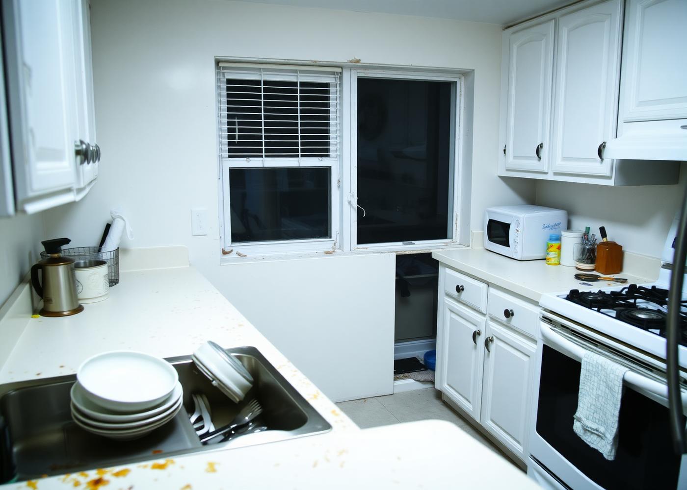Kitchen before cleaning, cluttered with dishes and stained counters