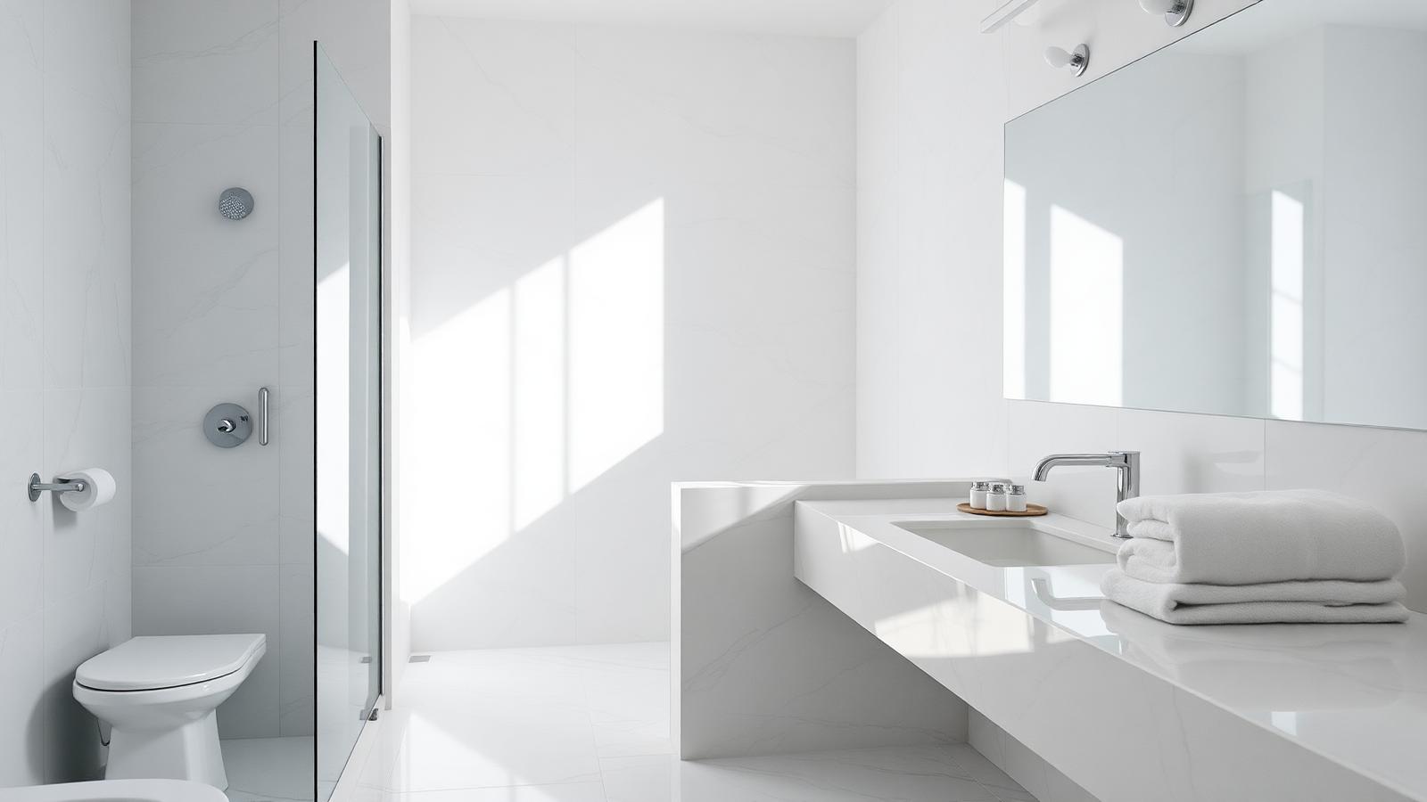 Spotless bathroom with gleaming chrome fixtures and folded towels