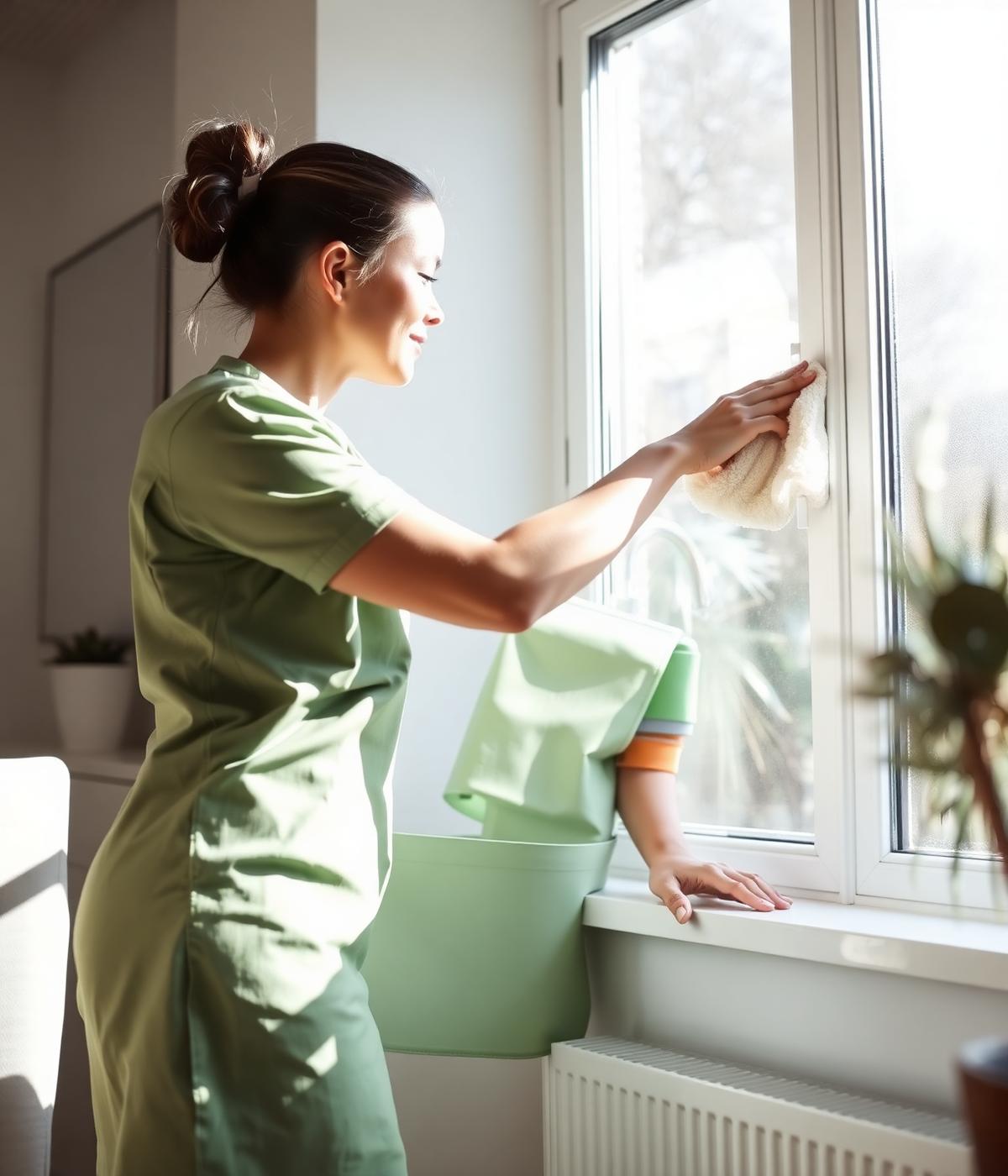 Cleaner in uniform wiping a sunlit window sill