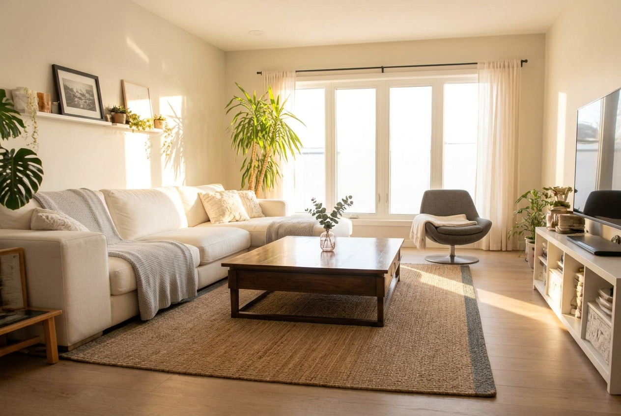 The same living room after cleaning: bright, spotless and sunlit
