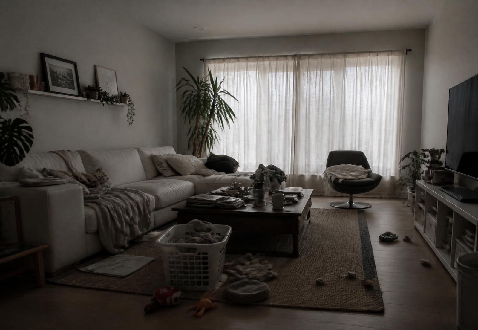 Cluttered, dimly lit living room before cleaning
