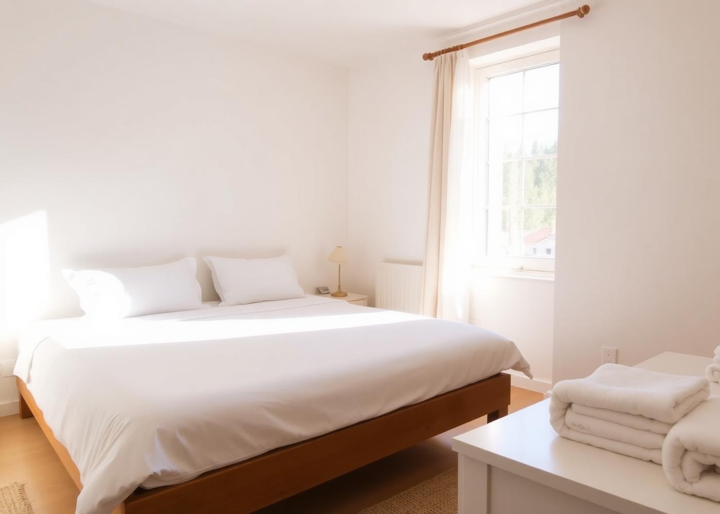 Guest bedroom with crisp white linens and folded towels ready for check-in