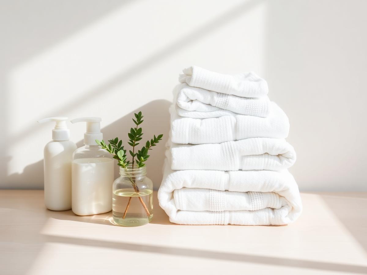 Folded white towels with restocked amenity supplies